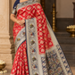 Banarasi Semi Silk Saree- Red with Gold Zari Elephant Motifs and Navy Blue Border