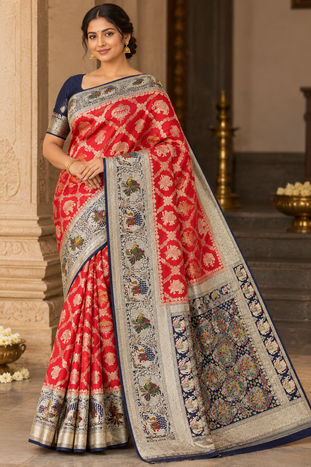 Banarasi Semi Silk Saree- Red with Gold Zari Elephant Motifs and Navy Blue Border