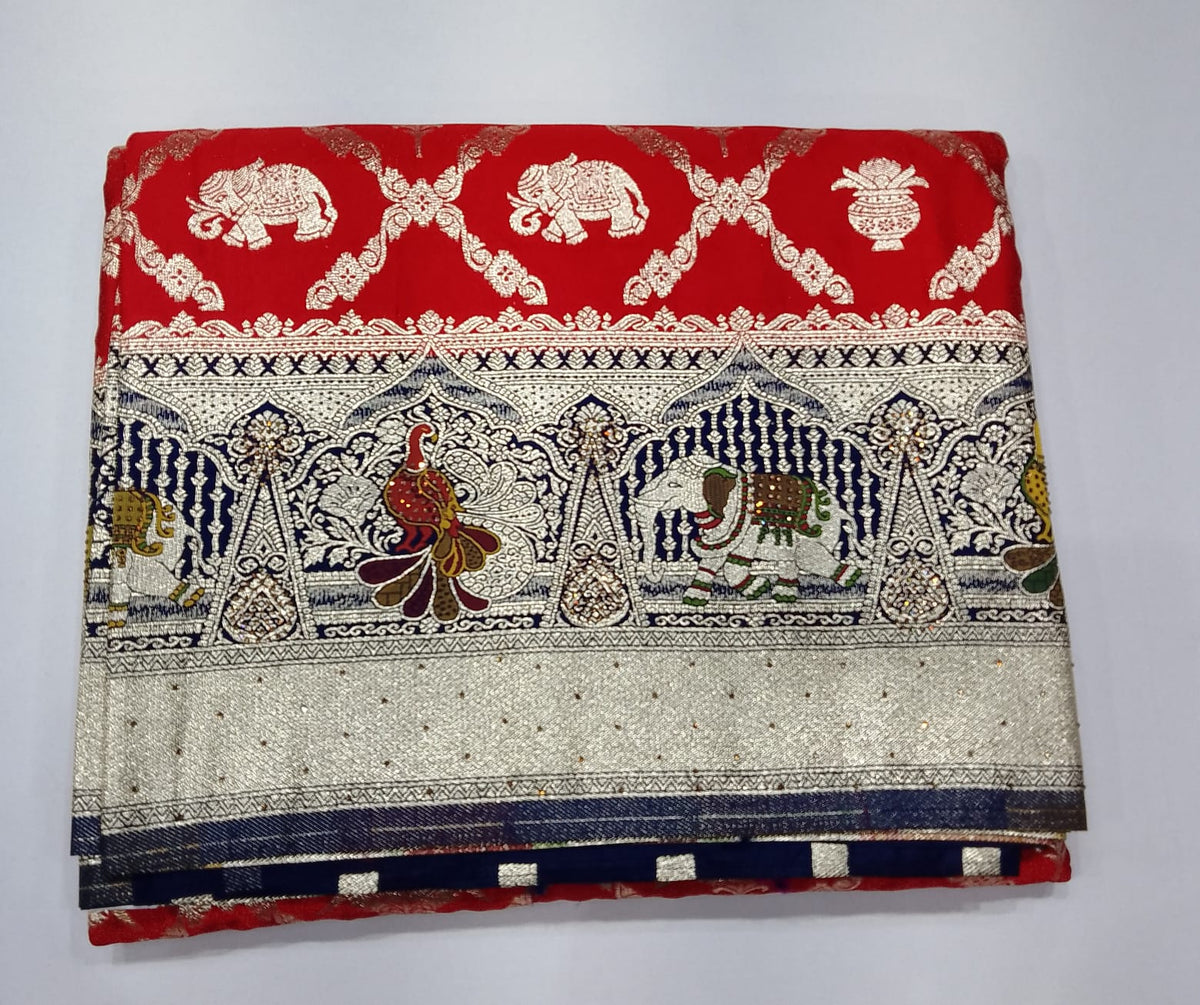 Banarasi Semi Silk Saree- Red with Gold Zari Elephant Motifs and Navy Blue Border