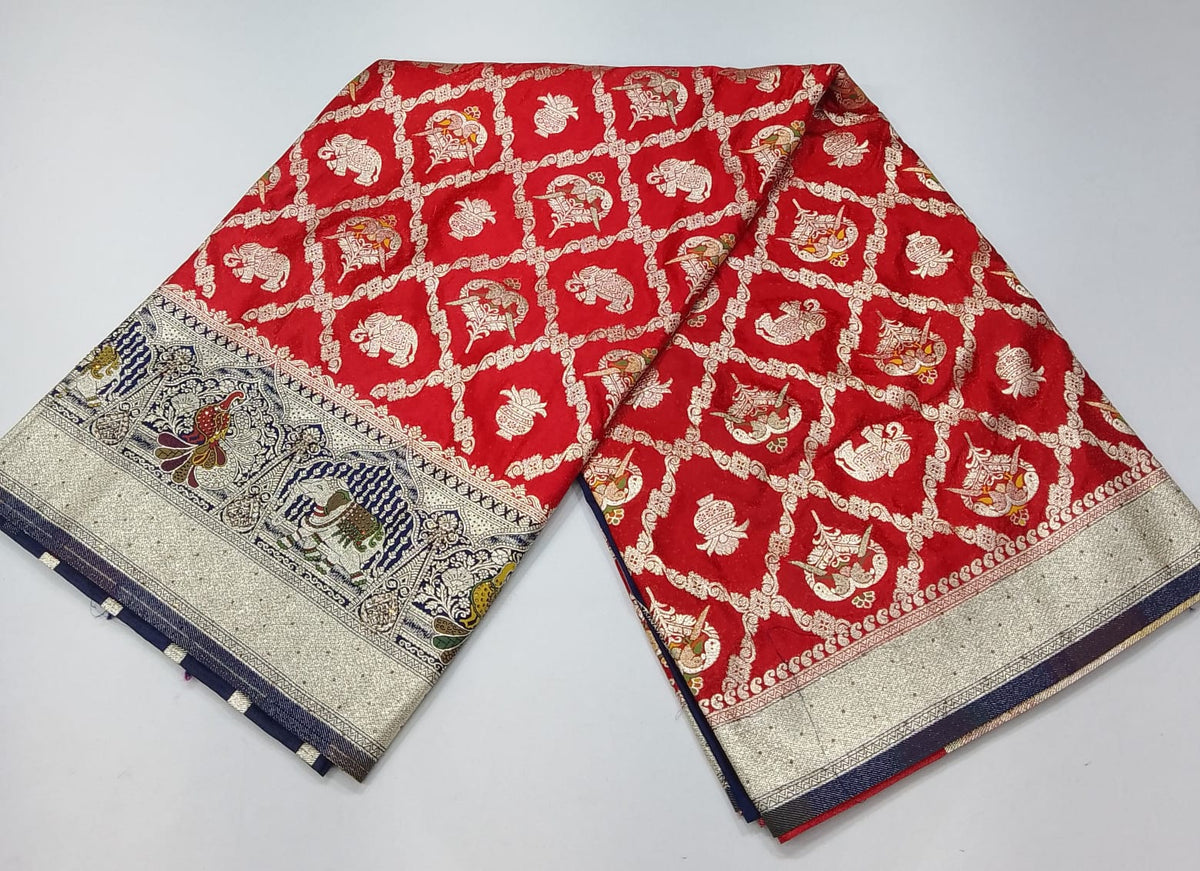 Banarasi Semi Silk Saree- Red with Gold Zari Elephant Motifs and Navy Blue Border