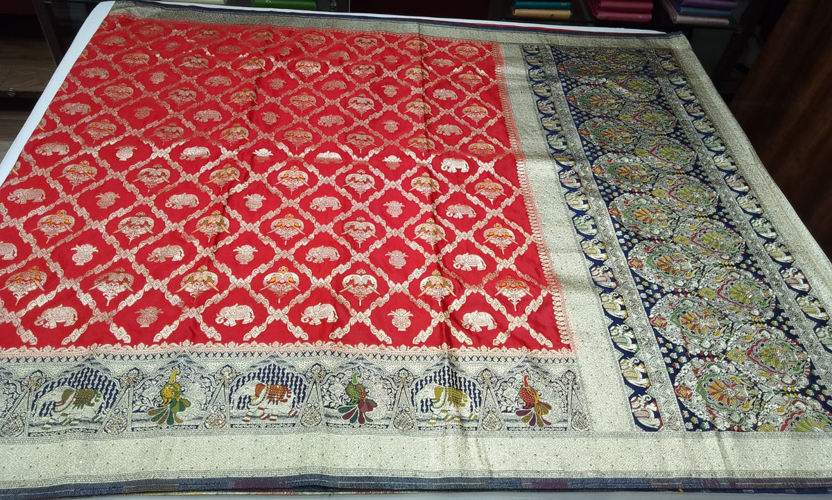 Banarasi Semi Silk Saree- Red with Gold Zari Elephant Motifs and Navy Blue Border