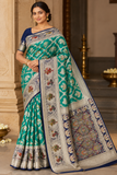 Banarasi Semi Silk- Peacock Green with Antique Gold Zari, Elephant Motifs & Navy Blue Brocade Border