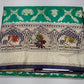 Banarasi Semi Silk- Peacock Green with Antique Gold Zari, Elephant Motifs & Navy Blue Brocade Border