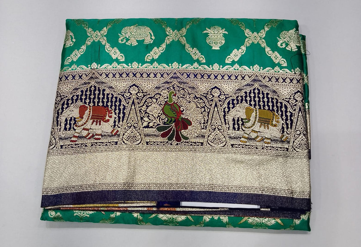 Banarasi Semi Silk- Peacock Green with Antique Gold Zari, Elephant Motifs & Navy Blue Brocade Border