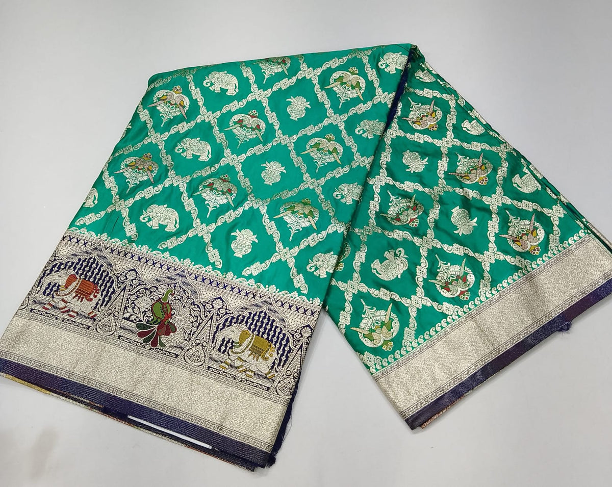 Banarasi Semi Silk- Peacock Green with Antique Gold Zari, Elephant Motifs & Navy Blue Brocade Border