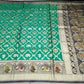 Banarasi Semi Silk- Peacock Green with Antique Gold Zari, Elephant Motifs & Navy Blue Brocade Border