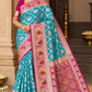 Banarasi Semi Silk -Turquoise Blue with Rani Pink Zari Border & Traditional Elephant Motifs