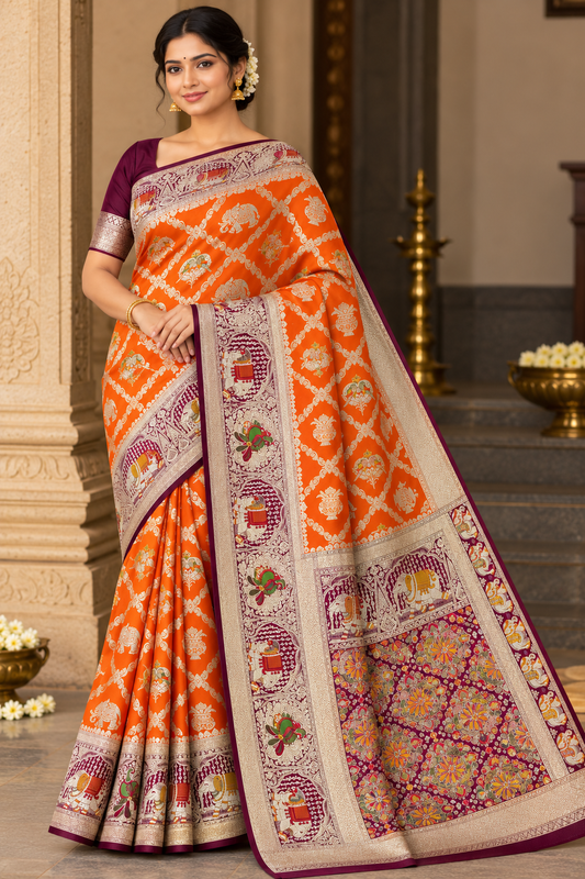 Banarasi Semi Silk - Burnt Orange with Antique Gold Zari & Wine Maroon Brocade Border