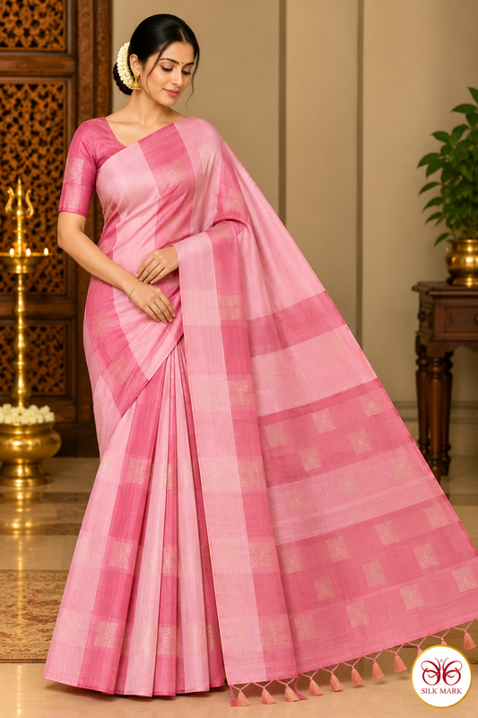 Pure Handloom Soft Silk Borderless Saree in Dual-Tone Pink with Gold Woven Motifs
