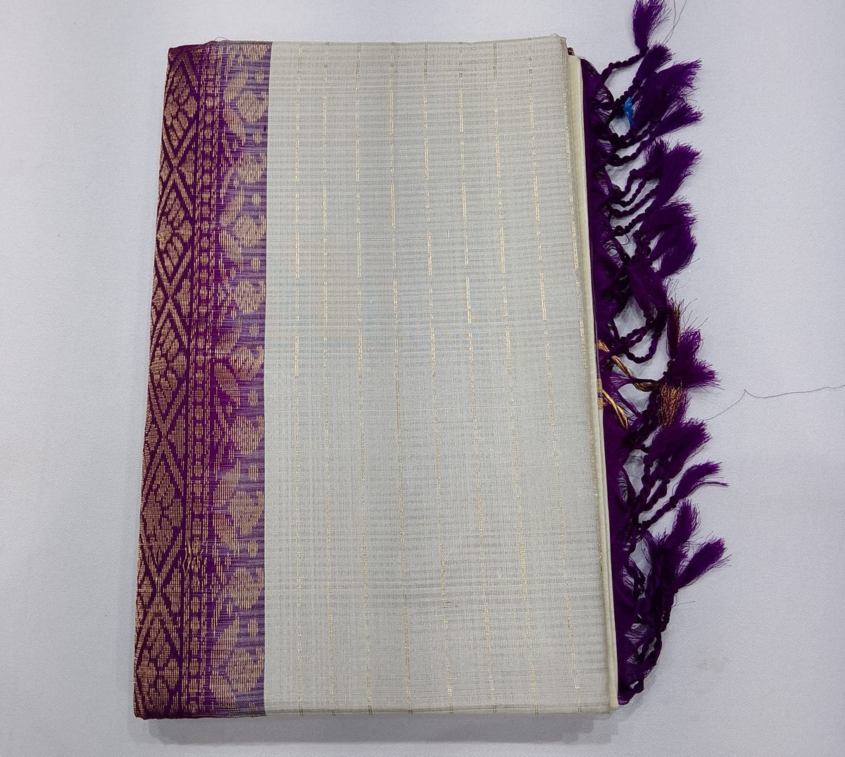 Pure Handloom Soft Silk Saree – Ivory Cream with Royal Purple Zari Pallu