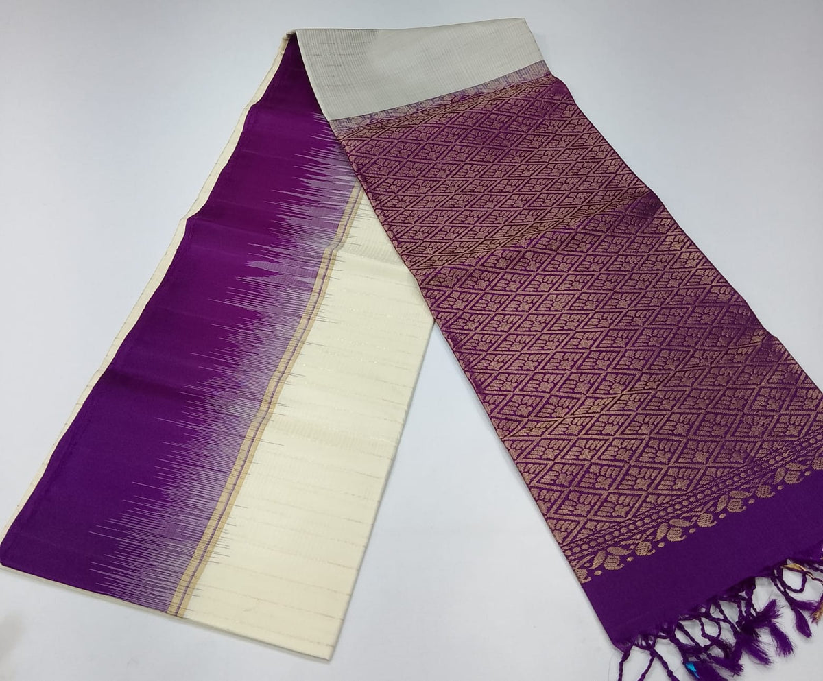 Pure Handloom Soft Silk Saree – Ivory Cream with Royal Purple Zari Pallu