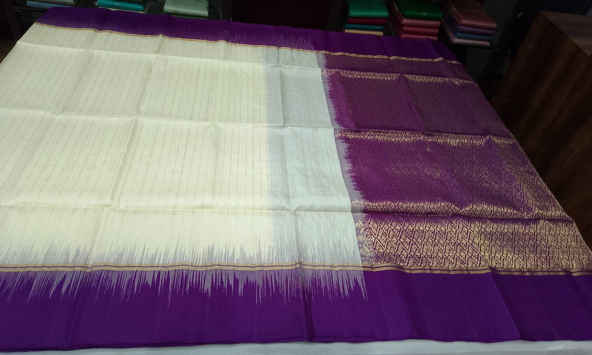 Pure Handloom Soft Silk Saree – Ivory Cream with Royal Purple Zari Pallu