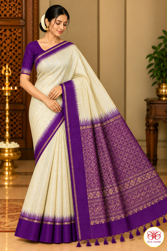 Pure Handloom Soft Silk Saree – Ivory Cream with Royal Purple Zari Pallu