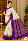 Pure Handloom Soft Silk Saree – Ivory Cream with Royal Purple Zari Pallu