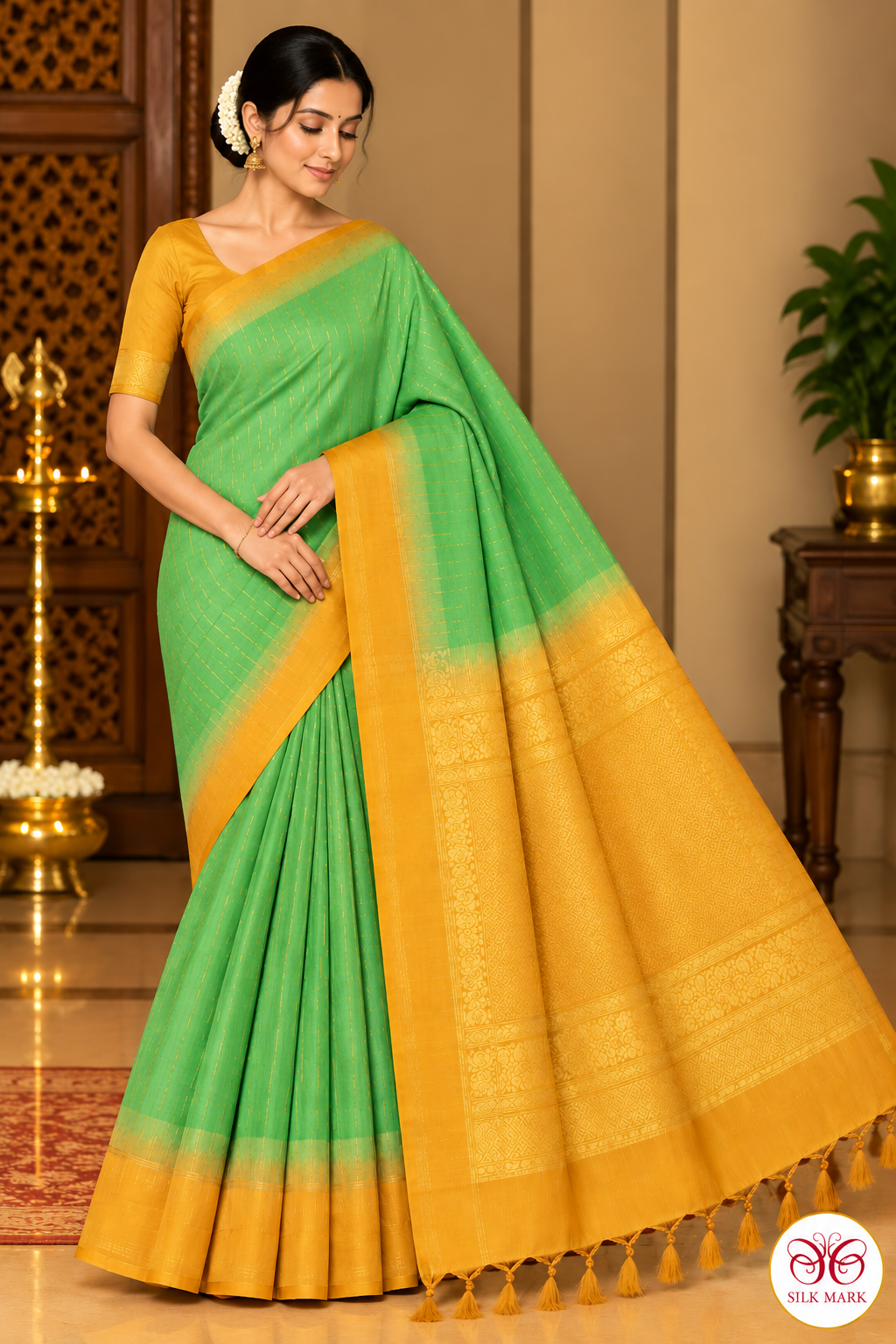 Pure Handloom Soft Silk Saree in Light Parrot Green with Mustard Gold Pallu