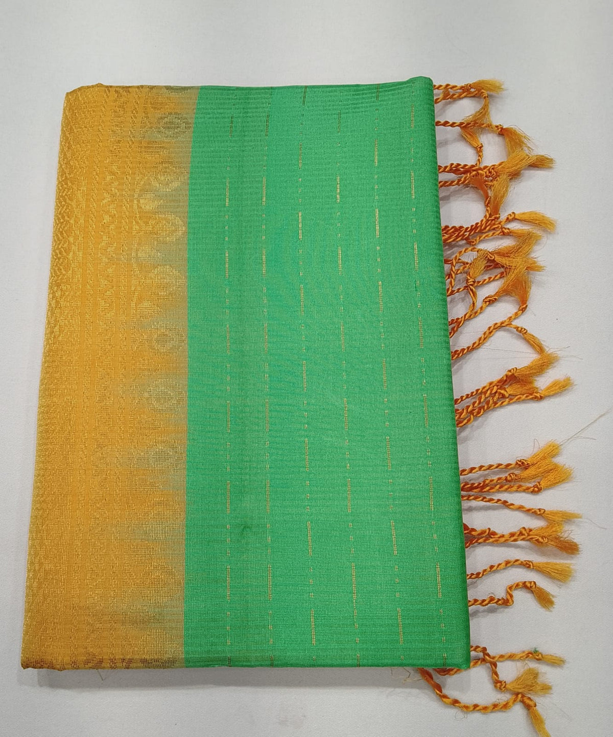Pure Handloom Soft Silk Saree in Light Parrot Green with Mustard Gold Pallu