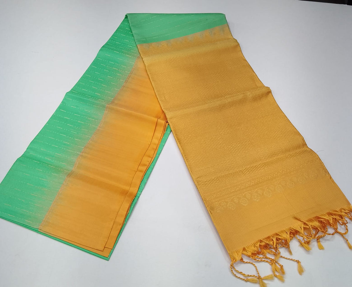 Pure Handloom Soft Silk Saree in Light Parrot Green with Mustard Gold Pallu