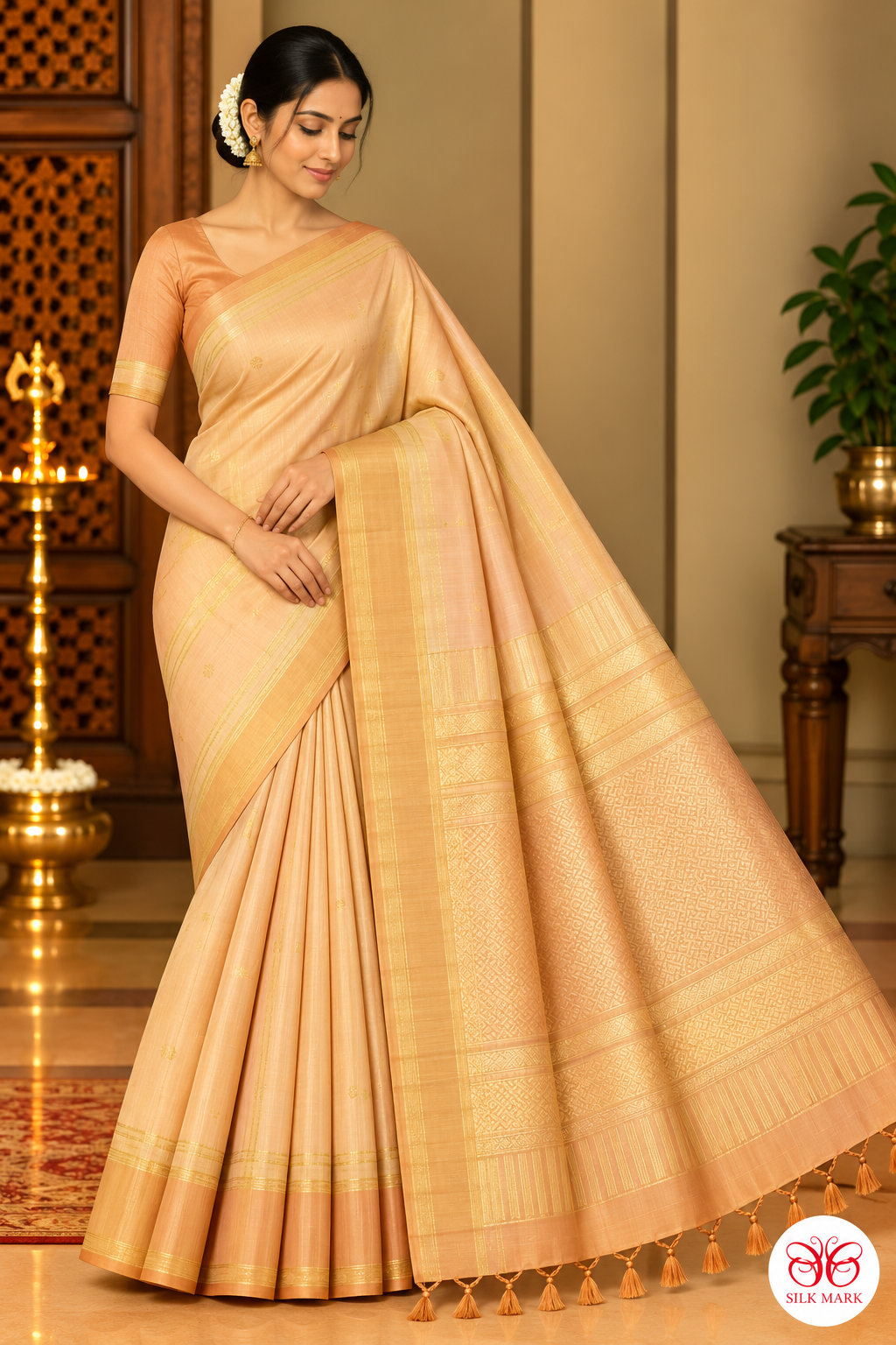 Pure Handloom Soft Silk Saree in Peach Gold with Rich Golden Zari Pallu
