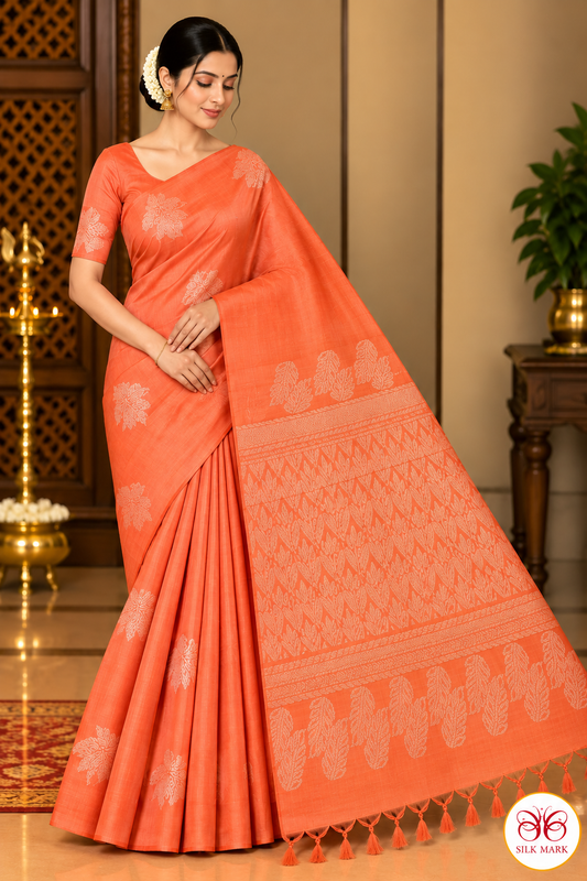 Pure Handloom Soft Silk Borderless Saree in Coral Orange with Gold Leaf Motifs