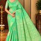 Pure Handloom Soft Silk Borderless Dual-Tone Light Green Saree with Gold Floral Motifs