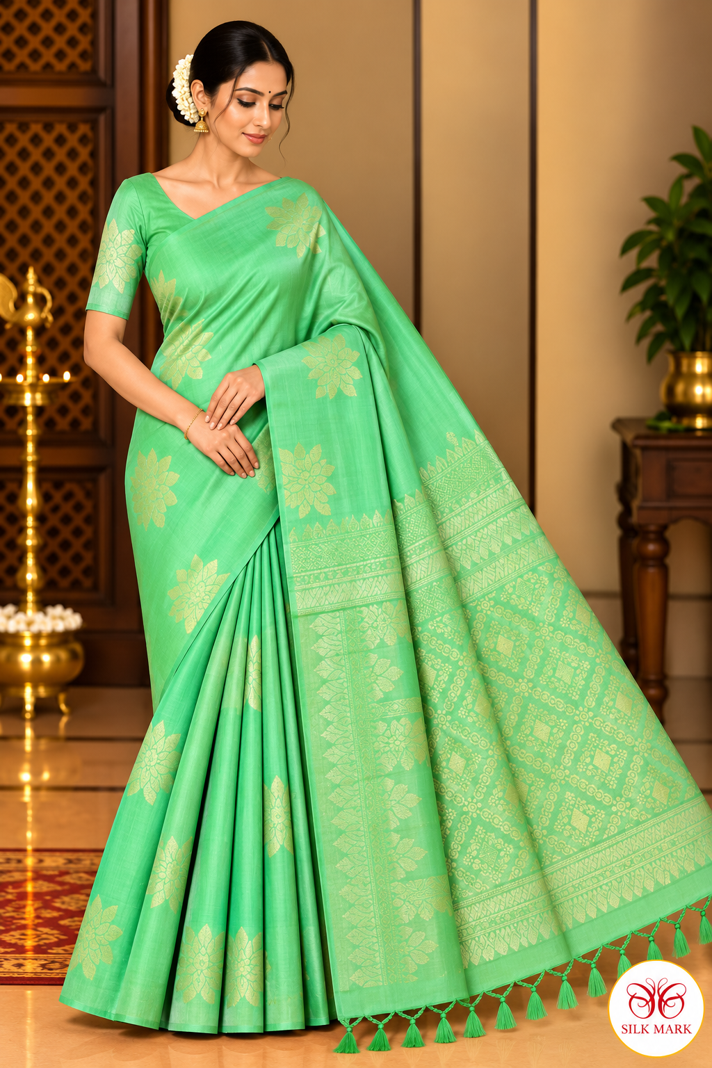 Pure Handloom Soft Silk Borderless Dual-Tone Light Green Saree with Gold Floral Motifs
