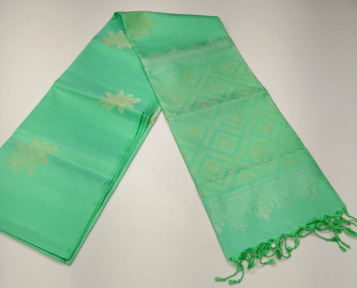 Pure Handloom Soft Silk Borderless Dual-Tone Light Green Saree with Gold Floral Motifs