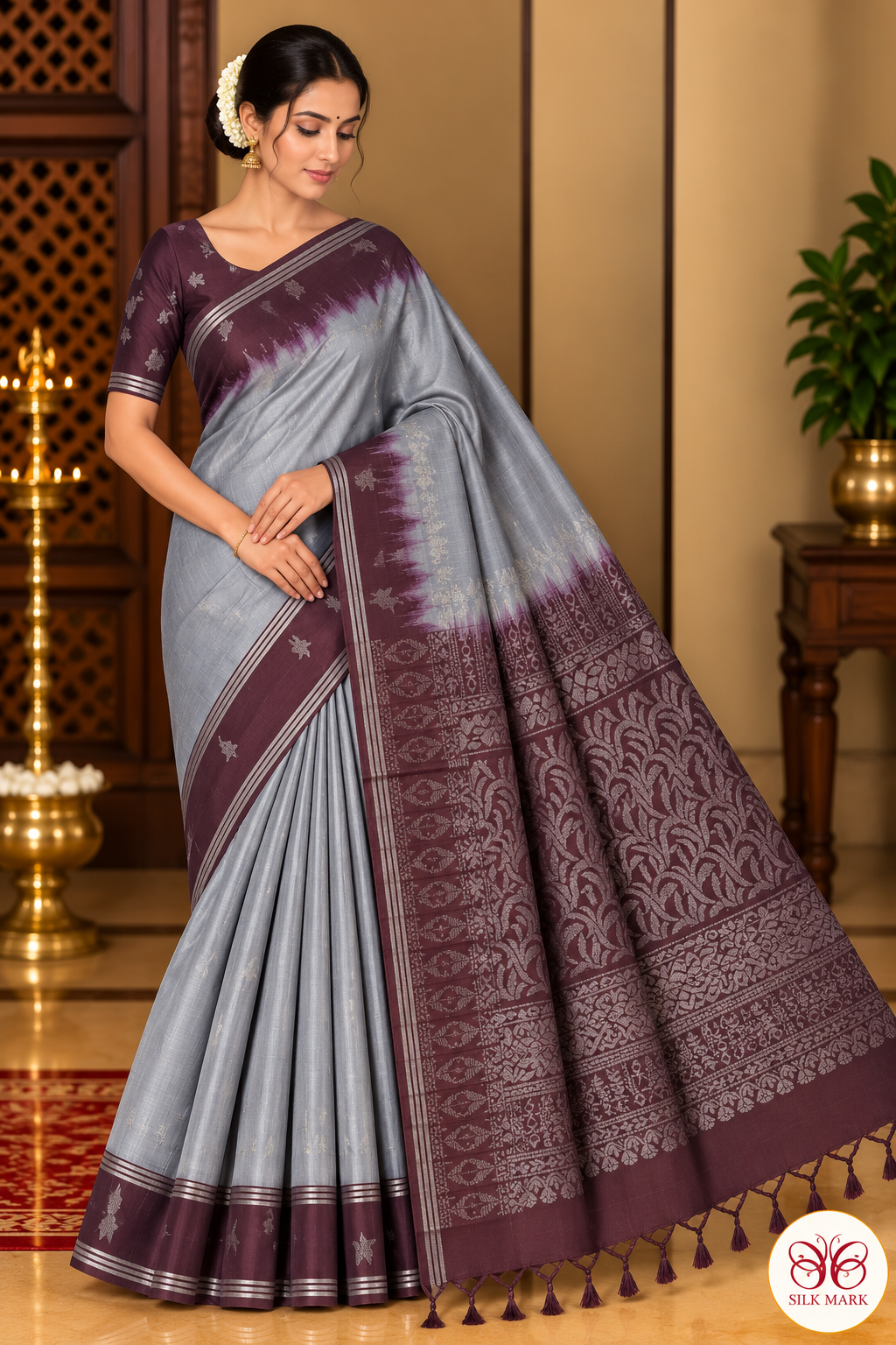 Pure Handloom Soft Silk Saree in Silver Grey and Wine Purple with Intricate Zari Pallu