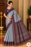 Pure Handloom Soft Silk Saree in Silver Grey and Wine Purple with Intricate Zari Pallu