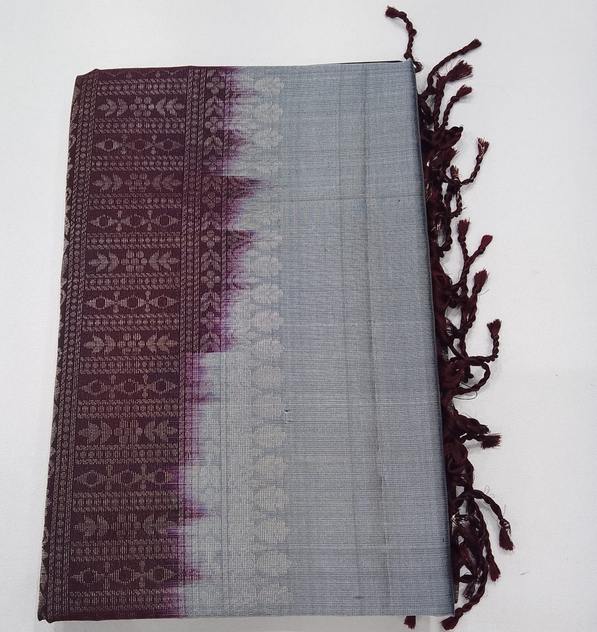 Pure Handloom Soft Silk Saree in Silver Grey and Wine Purple with Intricate Zari Pallu