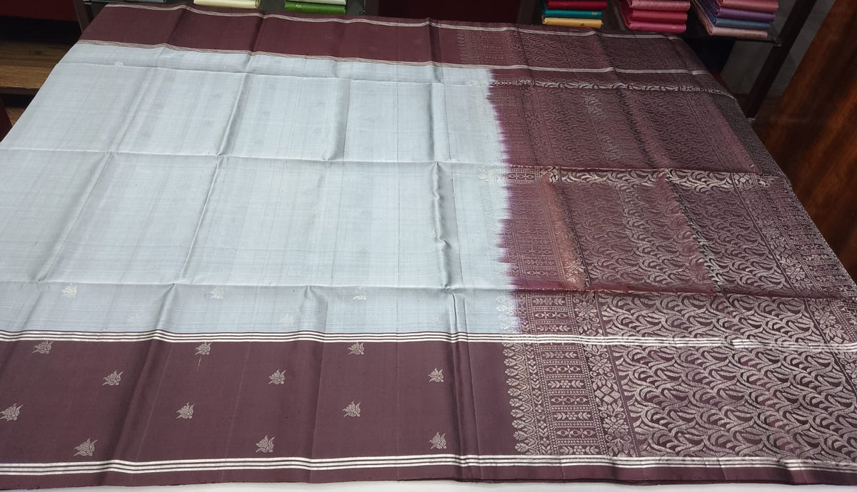 Pure Handloom Soft Silk Saree in Silver Grey and Wine Purple with Intricate Zari Pallu