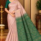 Pure Handloom Soft Silk Saree in Soft Peach with Emerald Green Zari Pallu
