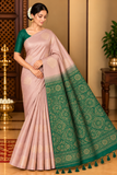 Pure Handloom Soft Silk Saree in Soft Peach with Emerald Green Zari Pallu