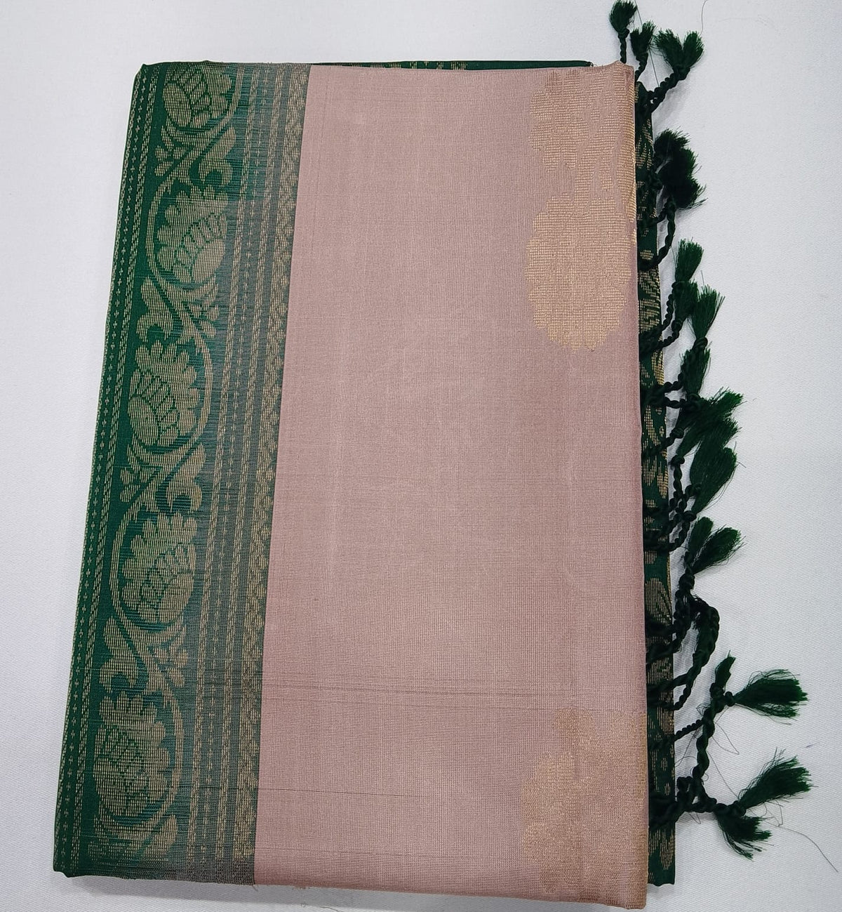 Pure Handloom Soft Silk Saree in Soft Peach with Emerald Green Zari Pallu