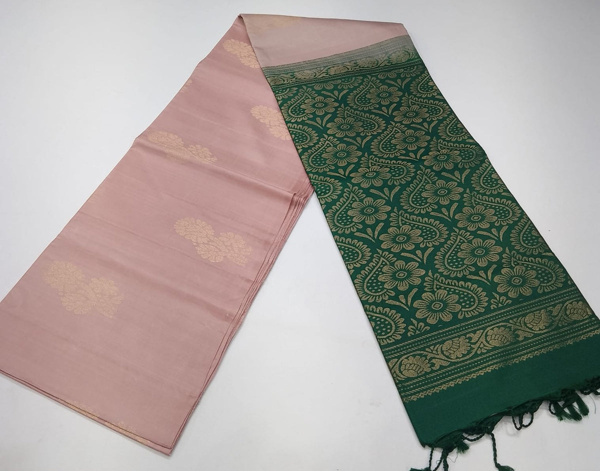 Pure Handloom Soft Silk Saree in Soft Peach with Emerald Green Zari Pallu