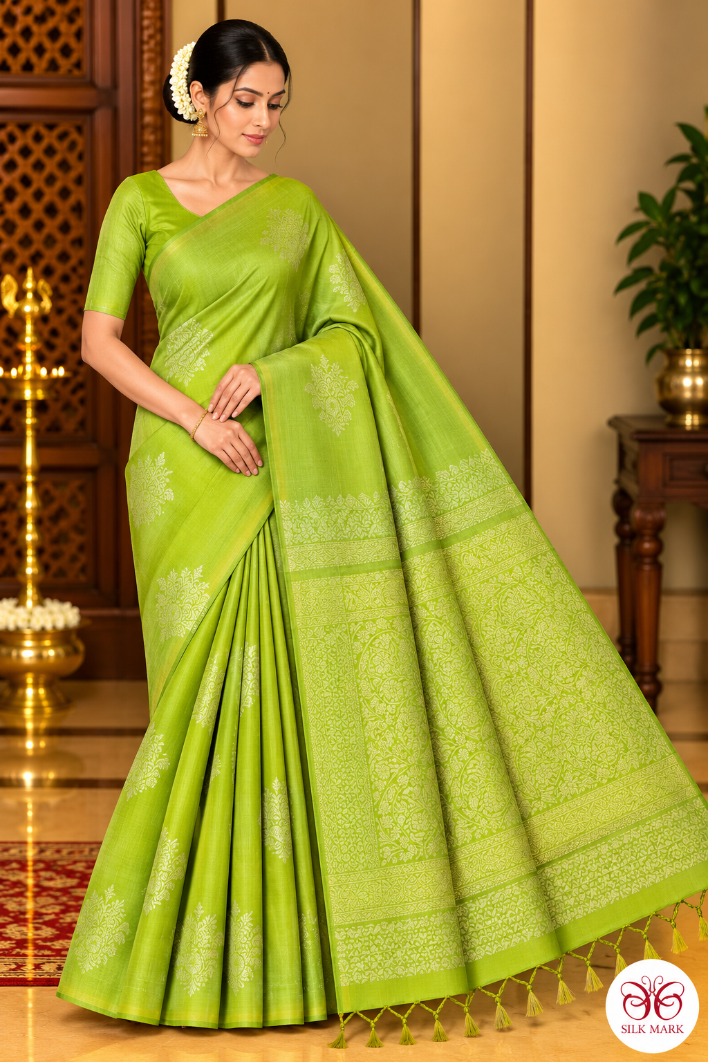 Pure Handloom Soft Silk Borderless Dual- tone Saree in Lime Green with Gold Woven Motifs