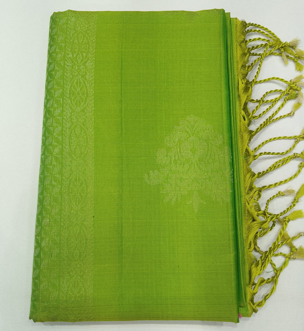 Pure Handloom Soft Silk Borderless Dual- tone Saree in Lime Green with Gold Woven Motifs