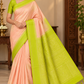 Pure Handloom Soft Silk Saree in Peach with Lime Green Border and Pallu
