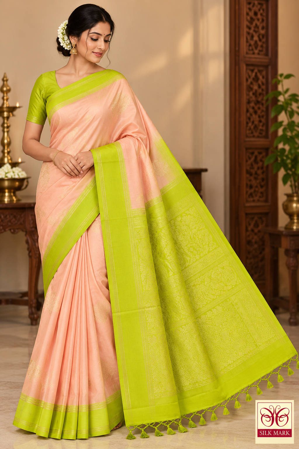 Pure Handloom Soft Silk Saree in Peach with Lime Green Border and Pallu