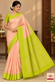 Pure Handloom Soft Silk Saree in Peach with Lime Green Border and Pallu