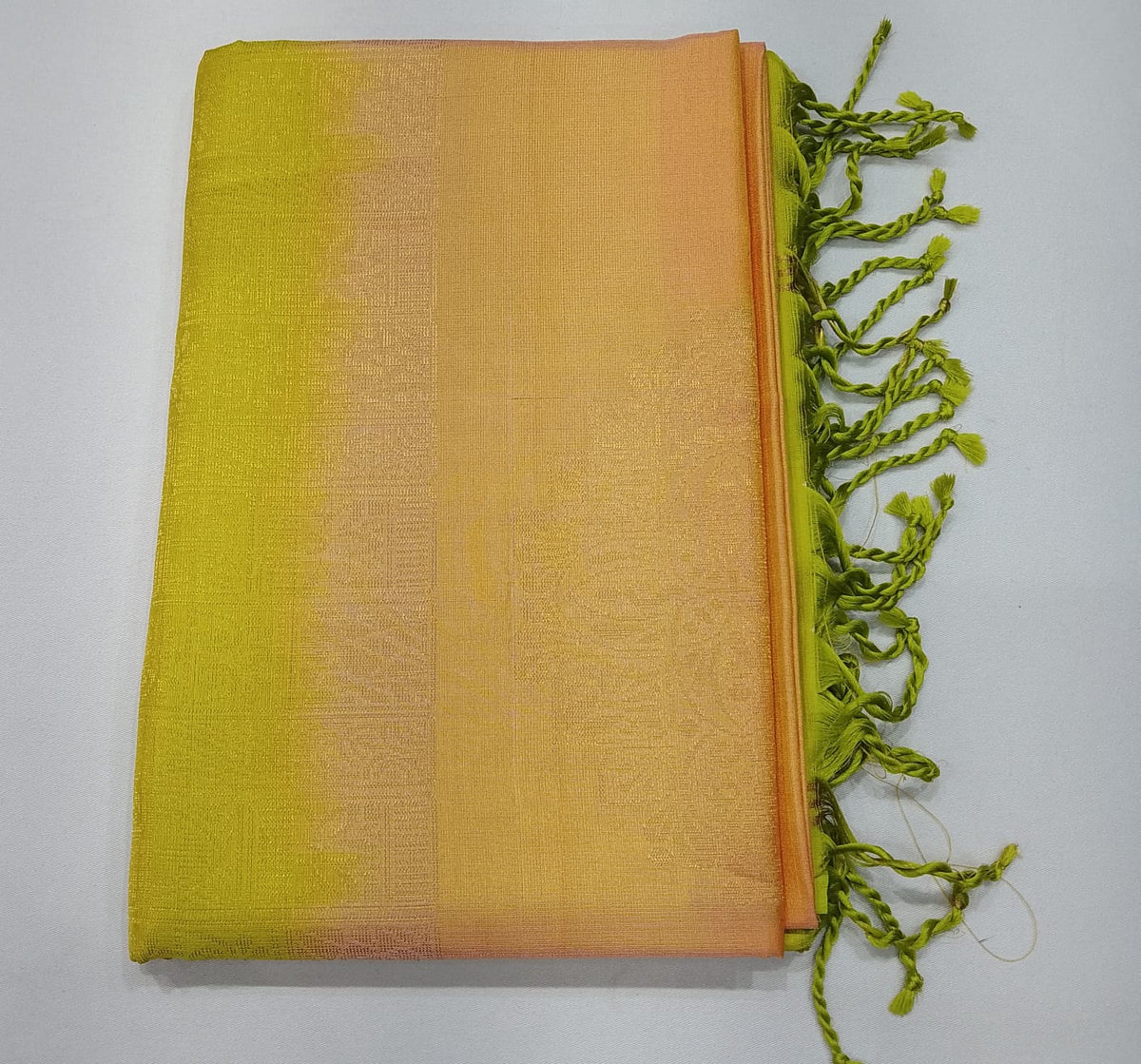 Pure Handloom Soft Silk Saree in Peach with Lime Green Border and Pallu