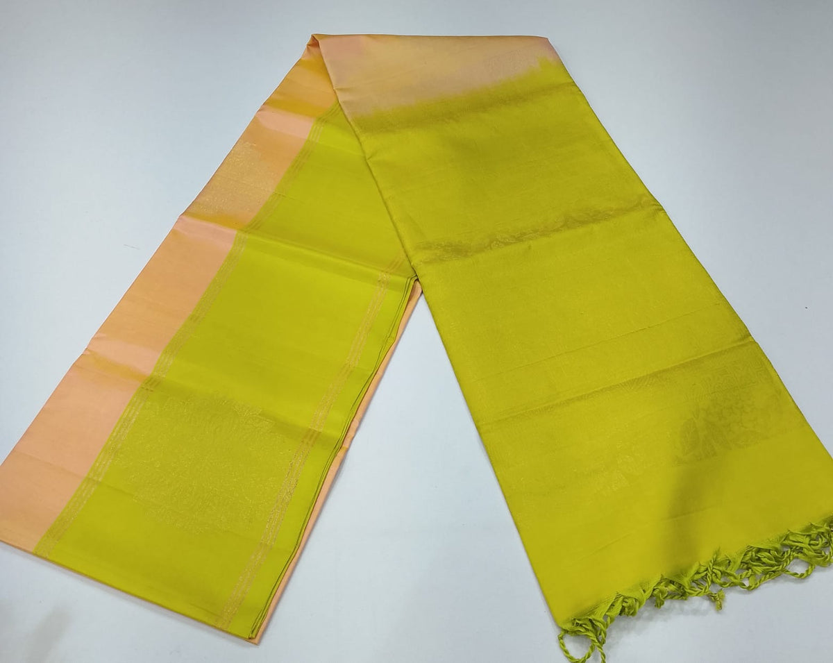Pure Handloom Soft Silk Saree in Peach with Lime Green Border and Pallu