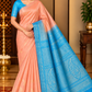 Pure Handloom Soft Silk Saree in Peach with Sky Blue Pallu