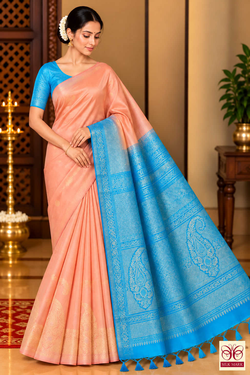 Pure Handloom Soft Silk Saree in Peach with Sky Blue Pallu