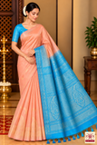 Pure Handloom Soft Silk Saree in Peach with Sky Blue Pallu