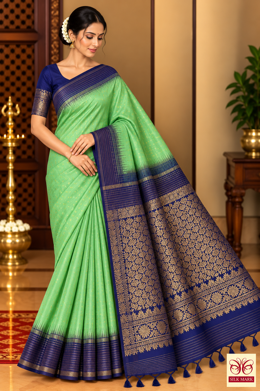 Pure Handloom Soft Silk Saree in Parrot Green with Navy Blue Zari Pallu