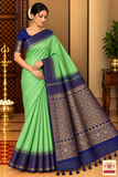 Pure Handloom Soft Silk Saree in Parrot Green with Navy Blue Zari Pallu