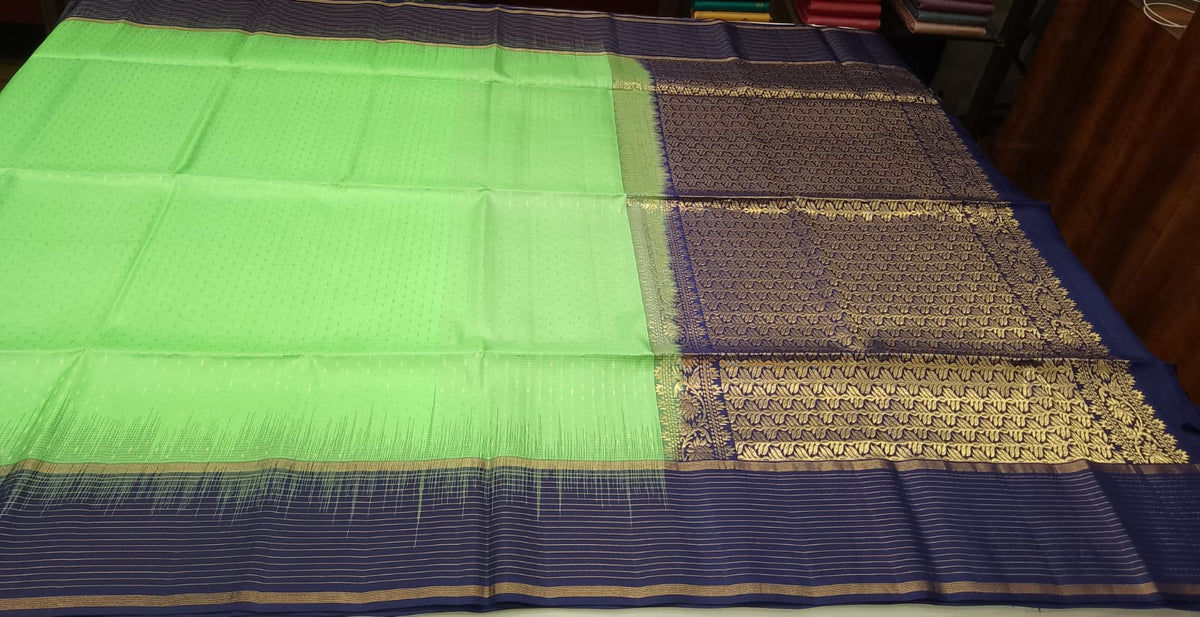 Pure Handloom Soft Silk Saree in Parrot Green with Navy Blue Zari Pallu