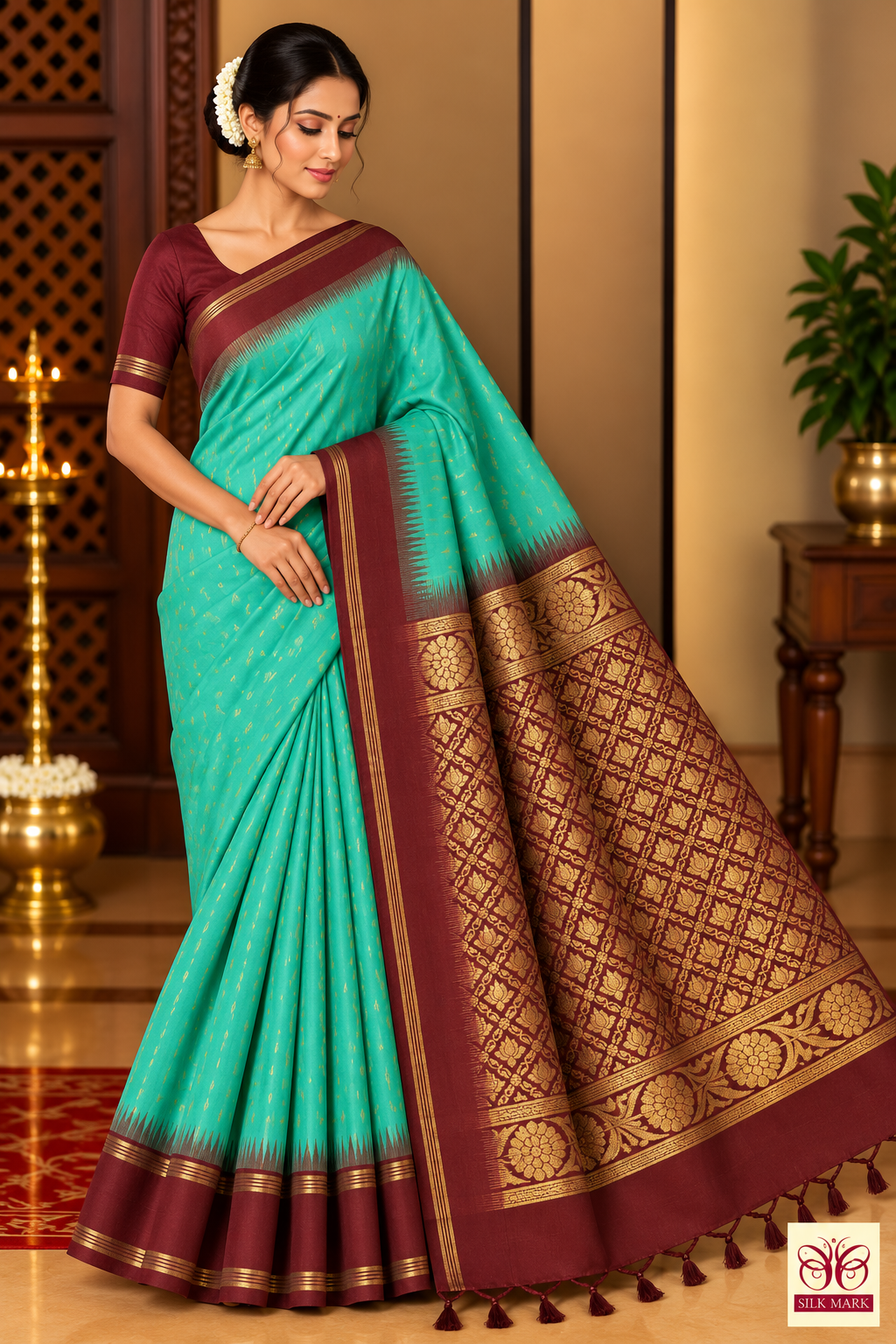 Pure Handloom Soft Silk Saree in Turquoise Teal with Maroon Zari Pallu