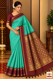 Pure Handloom Soft Silk Saree in Turquoise Teal with Maroon Zari Pallu