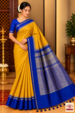 Pure Handloom Soft Silk Saree in Mustard Yellow with Royal Blue Zari Pallu